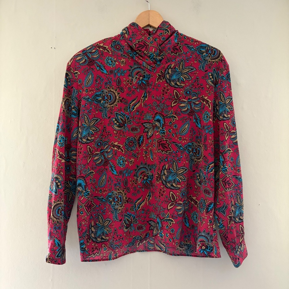 Vintage Womens Paisley Mock Neck Top Size 14 Red Blue Floral USA Office Workwear